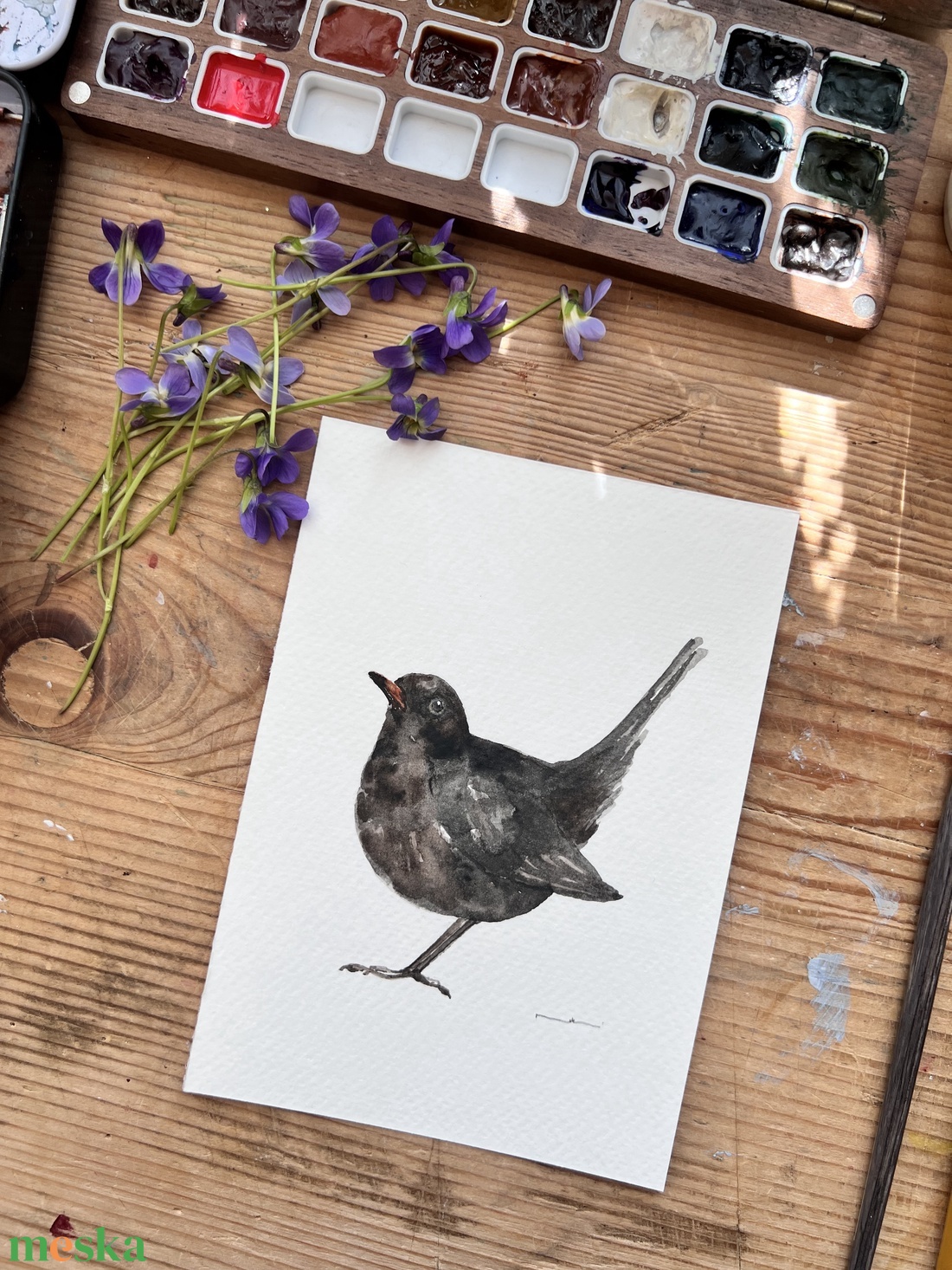 Eredeti akvarell feketerigó madár festmény - művészet - festmény - akvarell - Meska.hu