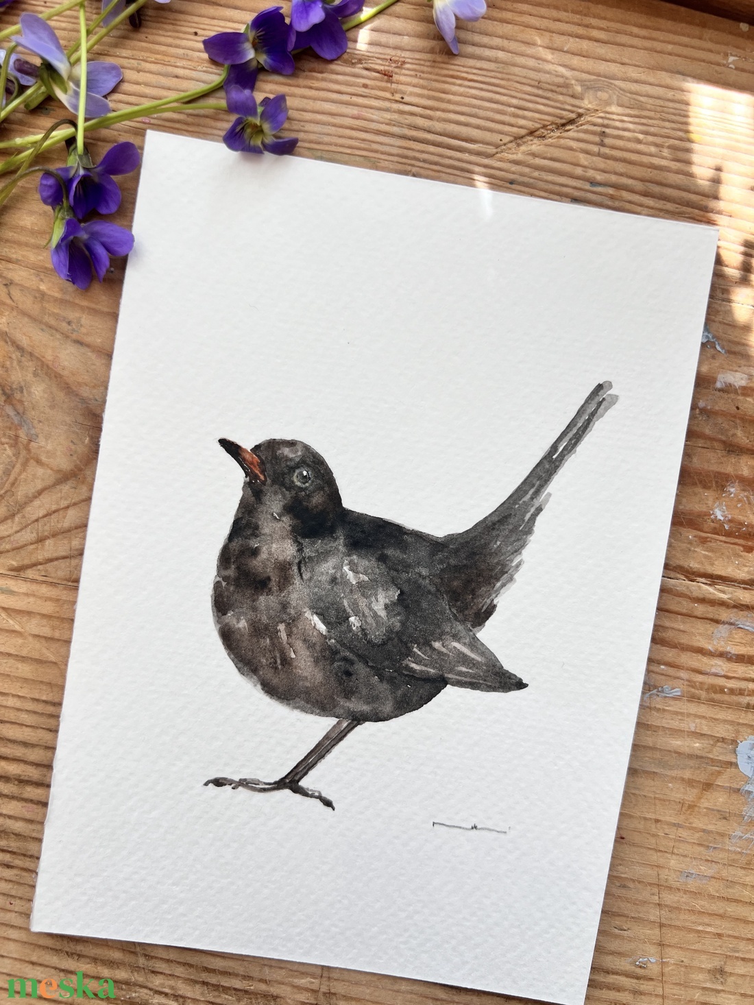Eredeti akvarell feketerigó madár festmény - művészet - festmény - akvarell - Meska.hu