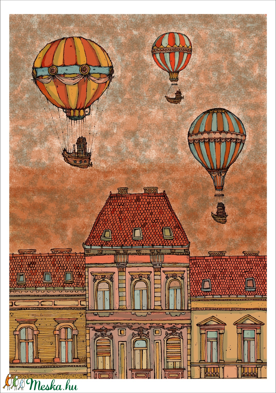 Léghajók Budapest felett -  számozott művészi nyomat, print, saját grafikámról, A4 méretben - művészet - grafika & illusztráció - Meska.hu