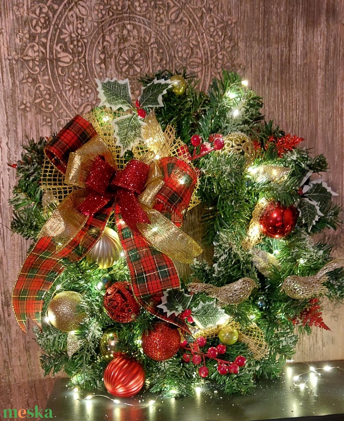 Karácsonyi kopogtató piros-arany 55cm - karácsony - karácsonyi lakásdekoráció - karácsonyi ajtódíszek - Meska.hu