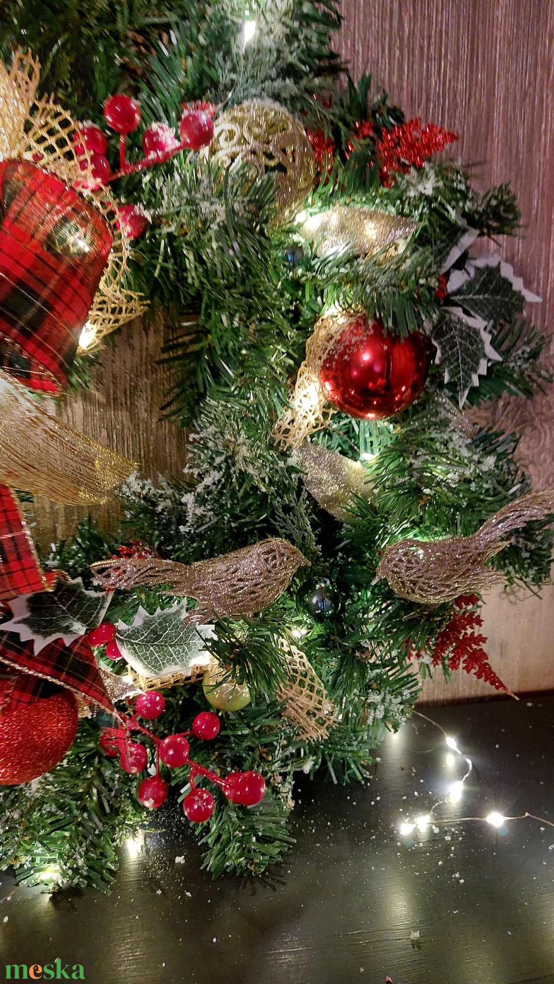 Karácsonyi kopogtató piros-arany 55cm - karácsony - karácsonyi lakásdekoráció - karácsonyi ajtódíszek - Meska.hu