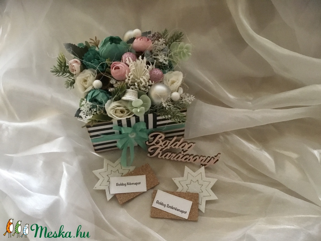 �Türkiz-Pink-Virágbox-Karácsony,Névnap,Születésnap- - karácsony - karácsonyi lakásdekoráció - Meska.hu