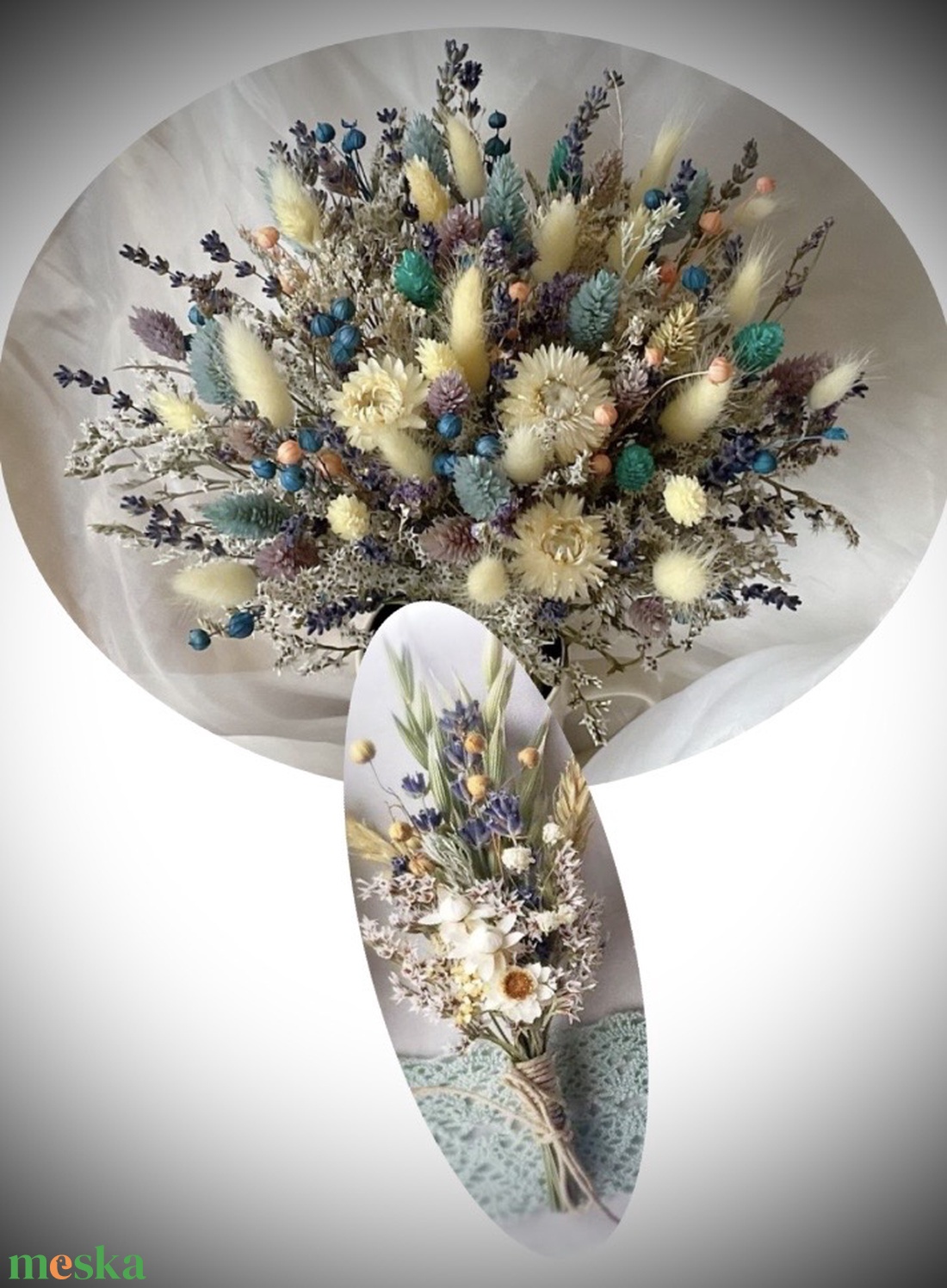 �BOHO-MINI-PROVENCE SZETT-Menyasszonyi Csokor-Szárazvirág Csokor+Vőlegény Kitűző-  - esküvő - menyasszonyi- és dobócsokor - Meska.hu