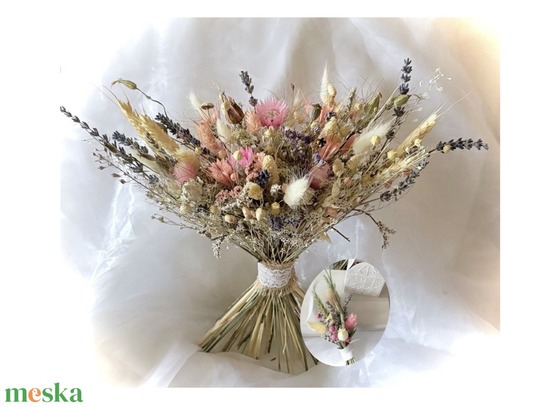 �BOHO-BABY-PINKSZETT-Menyasszonyi Csokor-Szárazvirág Csokor+Vőlegény Kitűző-  - esküvő - menyasszonyi- és dobócsokor - Meska.hu