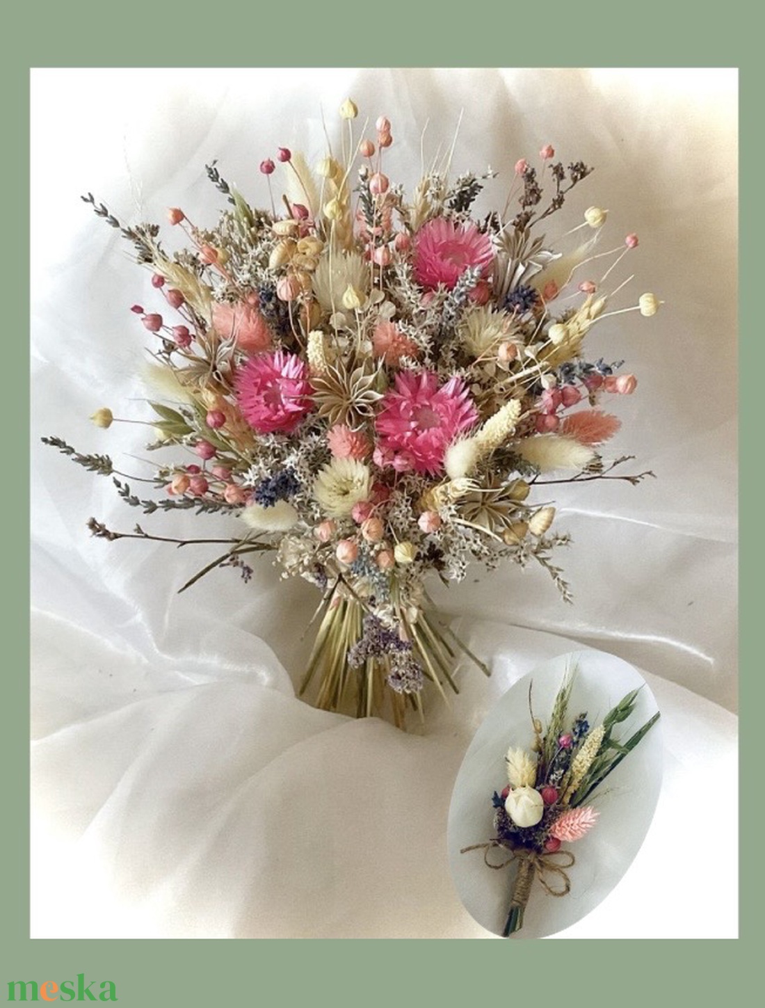 �BOHO-BABY-PINKSZETT-Menyasszonyi Csokor-Szárazvirág Csokor+Vőlegény Kitűző-  - esküvő - menyasszonyi- és dobócsokor - Meska.hu