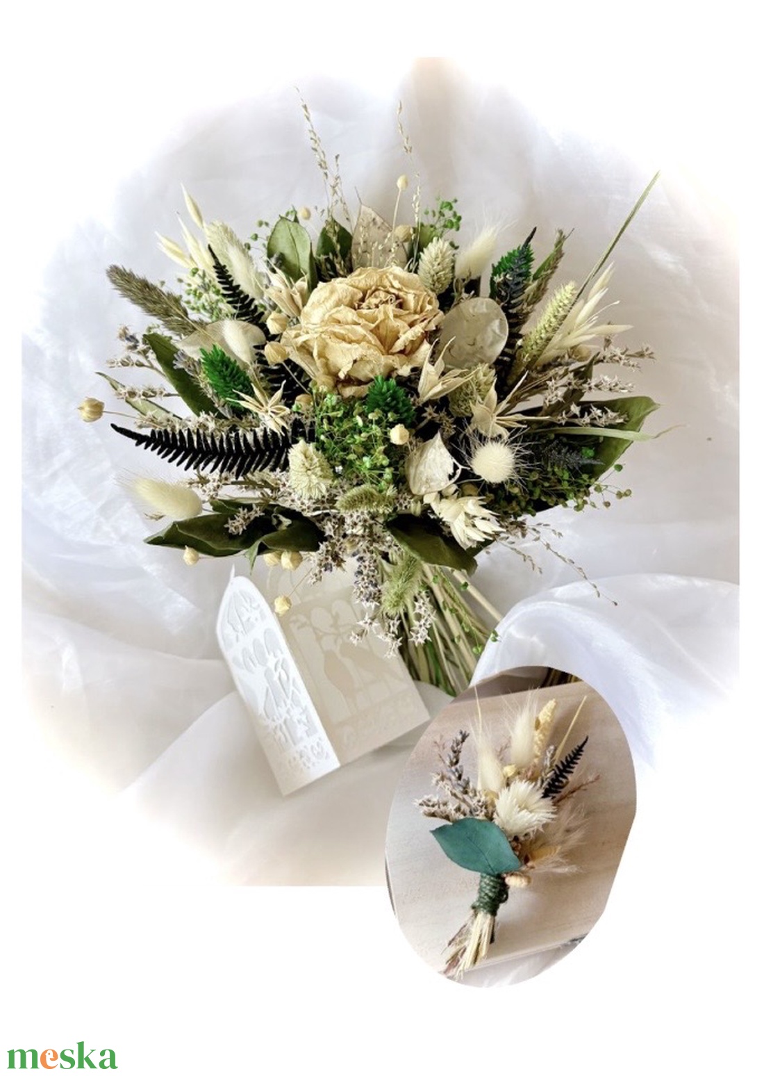 �BOHO-MINI-GREENERY-SZETT-Menyasszonyi Csokor-Szárazvirág Csokor+Vőlegény Kitűző-  - esküvő - menyasszonyi- és dobócsokor - Meska.hu