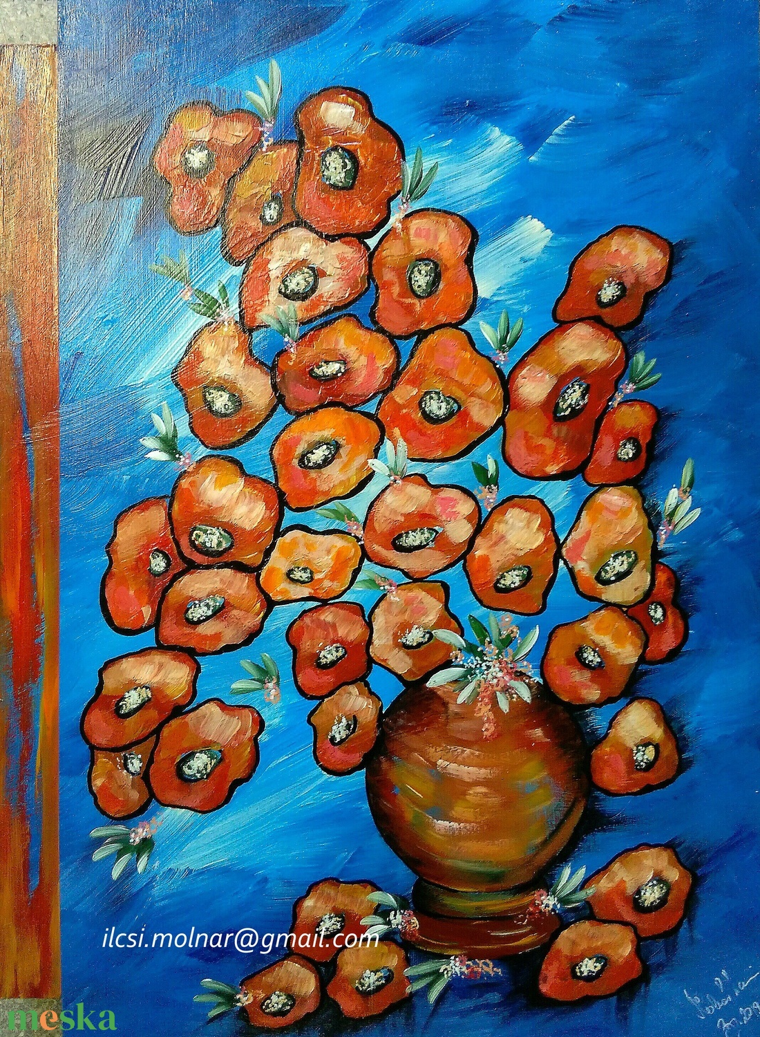 Narancsos kék virágos  - művészet - festmény - akril - Meska.hu