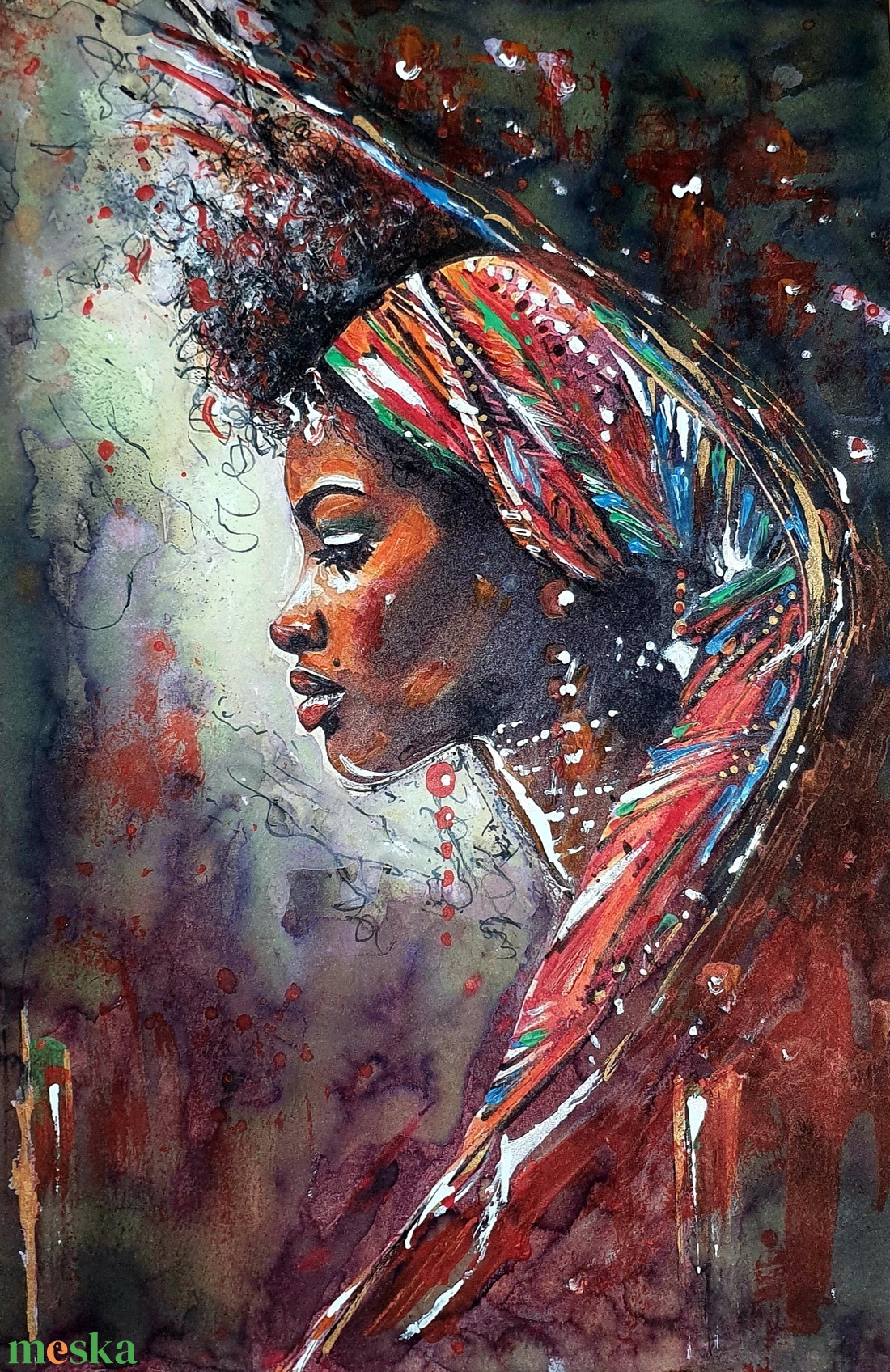 Színes Afrika sorozat - Africa dressed  in red  - művészet - festmény - akvarell - Meska.hu