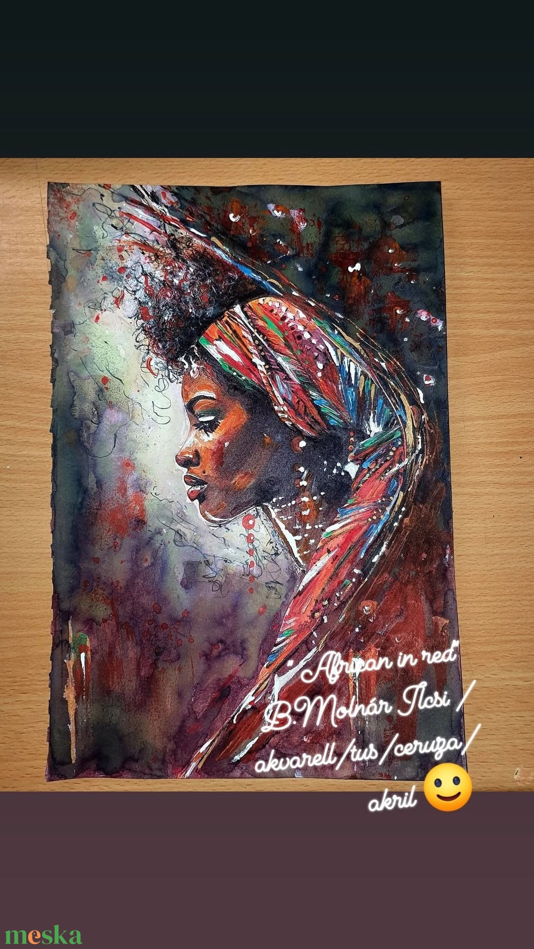 Színes Afrika sorozat - Africa dressed  in red  - művészet - festmény - akvarell - Meska.hu