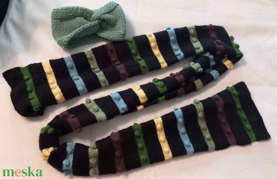Kézzel kötött hosszú sál és fülmelegítő - ruha & divat - sál, sapka, kendő - fejpánt - Meska.hu