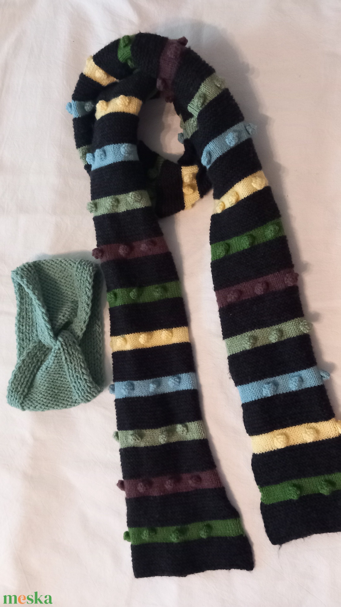 Kézzel kötött hosszú sál és fülmelegítő - ruha & divat - sál, sapka, kendő - fejpánt - Meska.hu