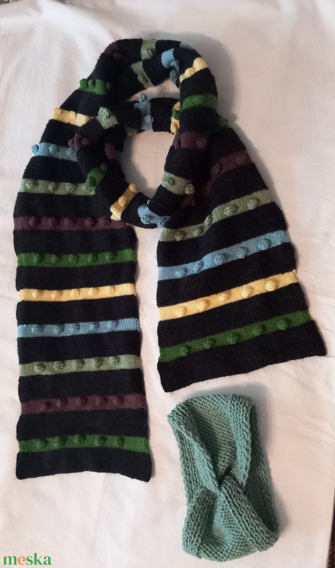 Kézzel kötött hosszú sál és fülmelegítő - ruha & divat - sál, sapka, kendő - fejpánt - Meska.hu