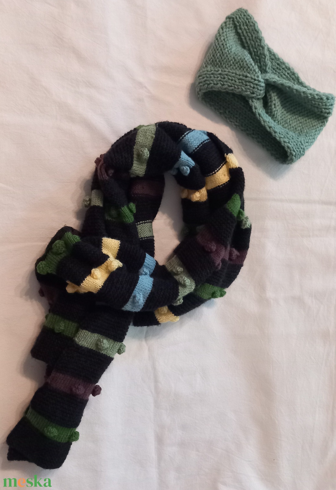Kézzel kötött hosszú sál és fülmelegítő - ruha & divat - sál, sapka, kendő - fejpánt - Meska.hu