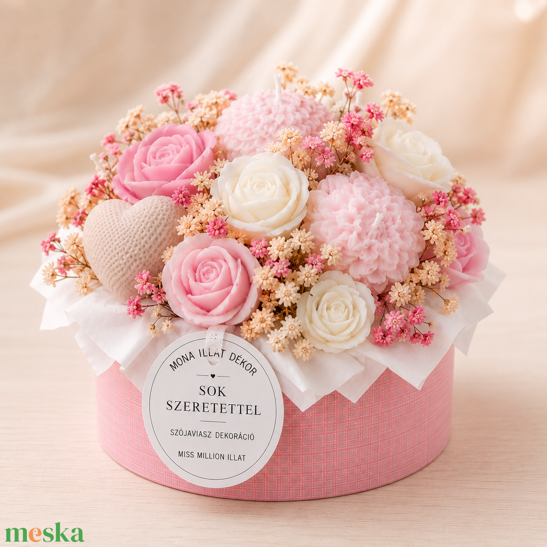 Illatos szójaviasz dekoráció/virágbox - Rózsaszín - otthon & életmód - gyertya, illat, aroma - gyertya - Meska.hu