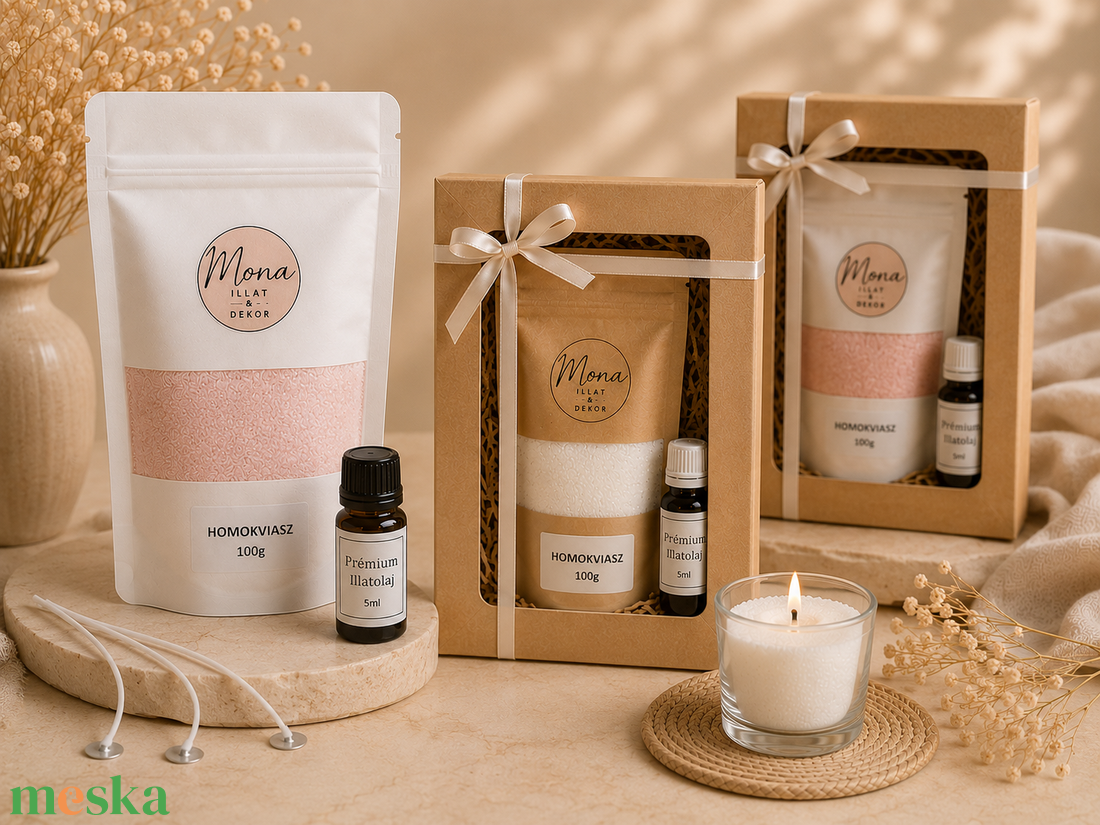 Prémium növényi Homokviasz /gyöngyviasz/ szett 5ml illatolajjal - otthon & életmód - gyertya, illat, aroma - gyertya - Meska.hu