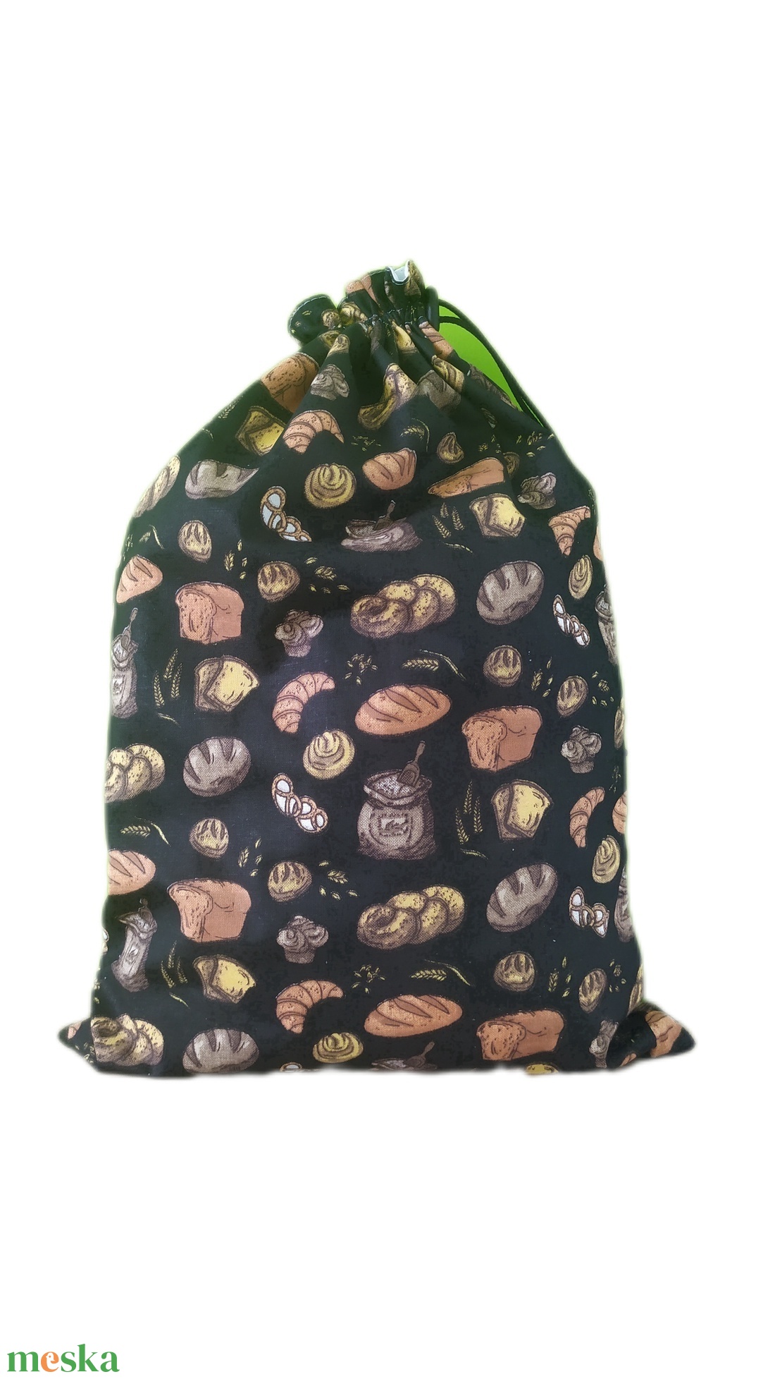 Közepes kenyereszsák, frissentartó zsák, pékárus zsák-Fekete alapon pékáru mintás - táska & tok - bevásárlás & shopper táska - kenyeres zsák - Meska.hu