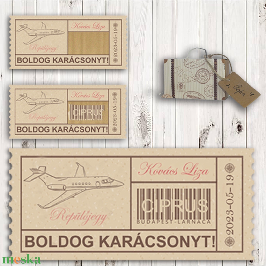 Kaparós repülőjegy bőröndben, utazás, ajándék átadás, élményajándék - karácsony - karácsonyi ajándékozás - karácsonyi képeslap, üdvözlőlap, ajándékkísérő - Meska.hu