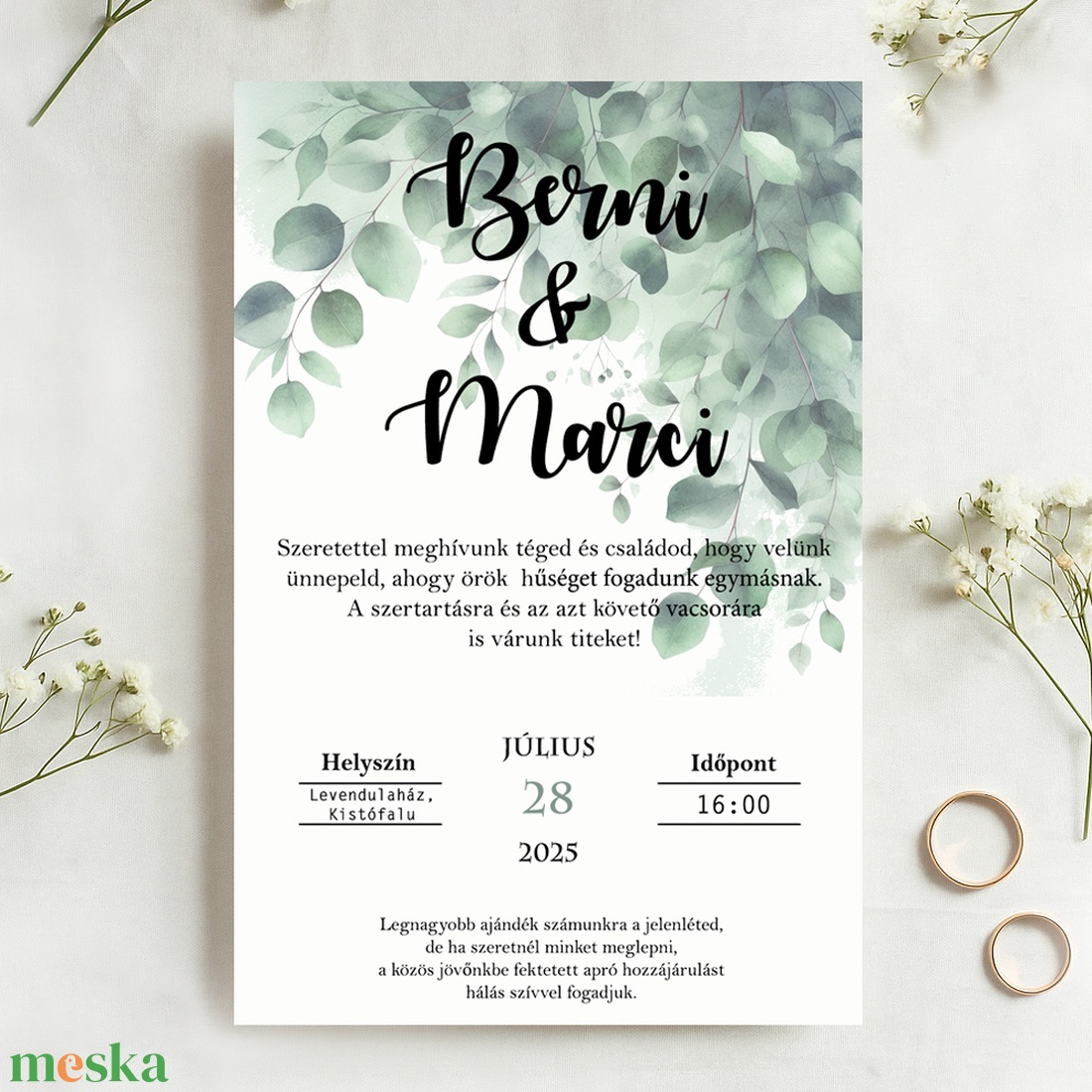 Zöld, eukaliptusz mintás esküvői meghívó, viaszpecséttel zárható, kézzel nyomdázott borítékkal, greenery - esküvő - meghívó & kártya - meghívó - Meska.hu