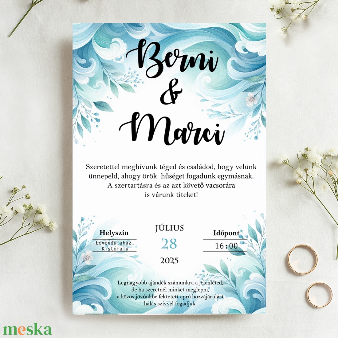 Esküvői meghívó kék, hullámos mintával, viaszpecséttel zárható, kézzel nyomdázott borítékkal - esküvő - meghívó & kártya - meghívó - Meska.hu