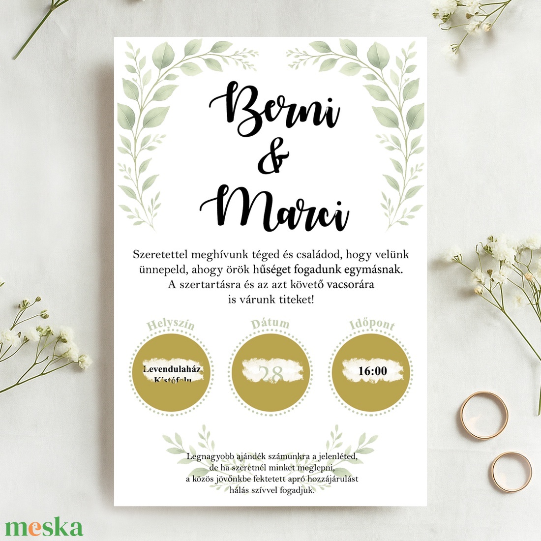 Kaparós esküvői meghívó növényi mintával, viaszpecséttel zárható, kézzel nyomdázott borítékkal, greenery - esküvő - meghívó & kártya - meghívó - Meska.hu