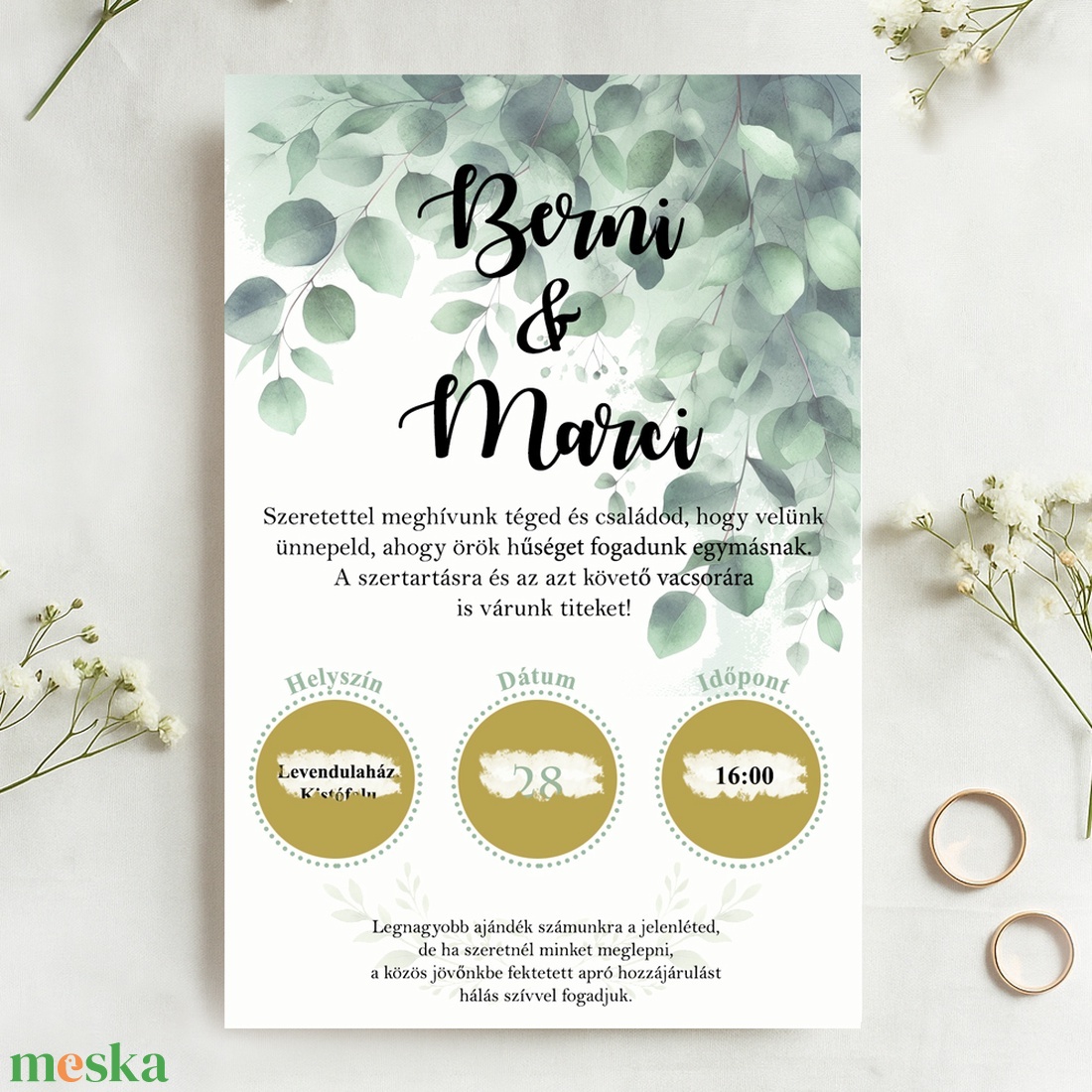 Kaparós esküvői meghívó növényi mintával, viaszpecséttel zárható, kézzel nyomdázott borítékkal, greenery - esküvő - meghívó & kártya - meghívó - Meska.hu