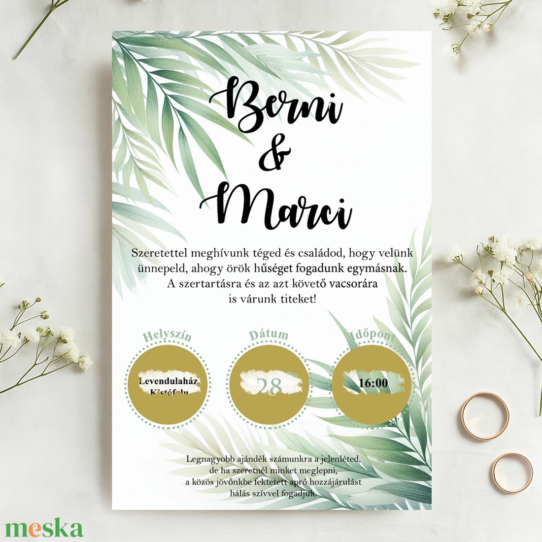 Kaparós esküvői meghívó növényi mintával, viaszpecséttel zárható, kézzel nyomdázott borítékkal, greenery - esküvő - meghívó & kártya - meghívó - Meska.hu