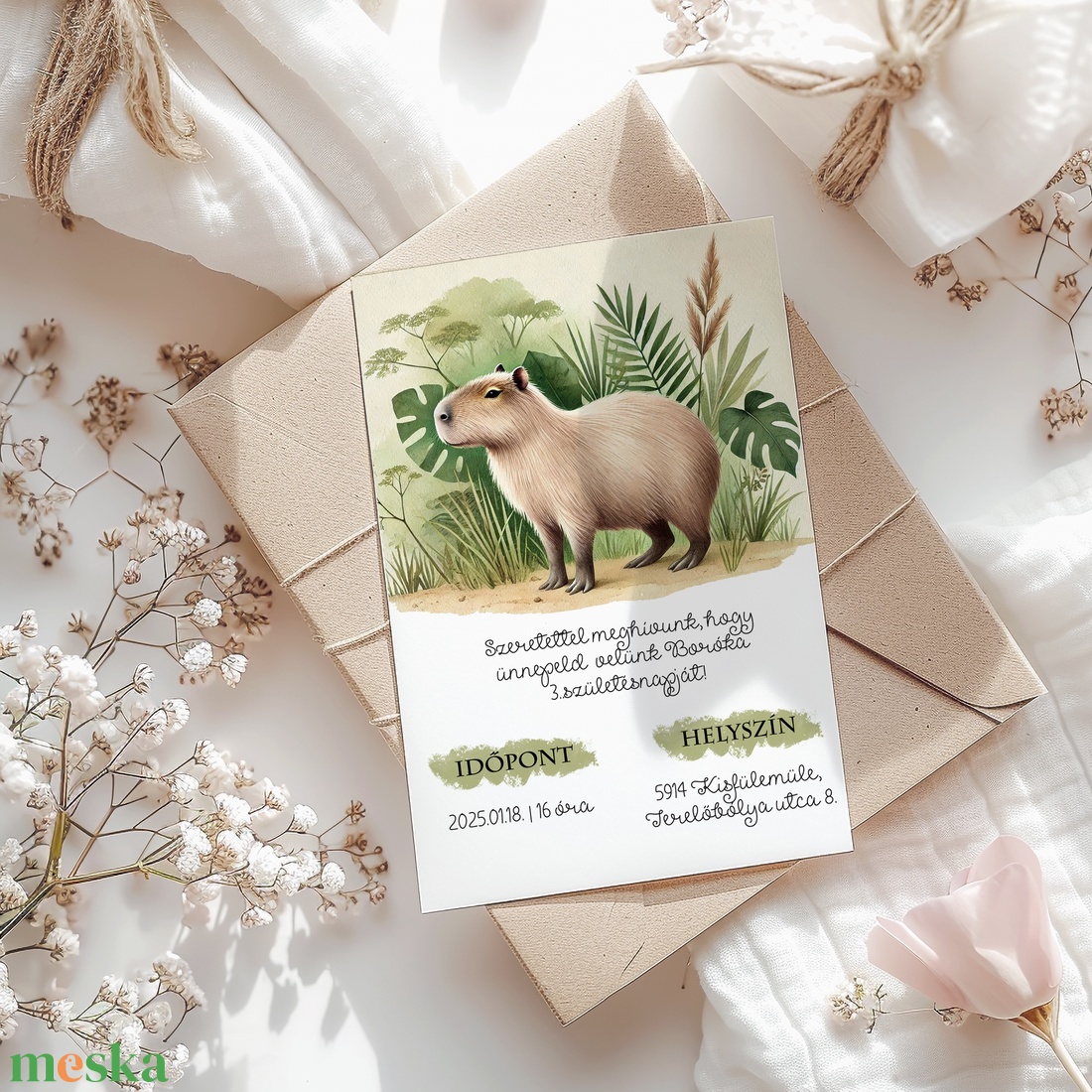 Capybara, vízidisznó mintás meghívó, viaszpecséttel zárható, kézzel nyomdázott borítékkal - otthon & életmód - papír, írószer - ajándékozás kellékei - meghívó - Meska.hu