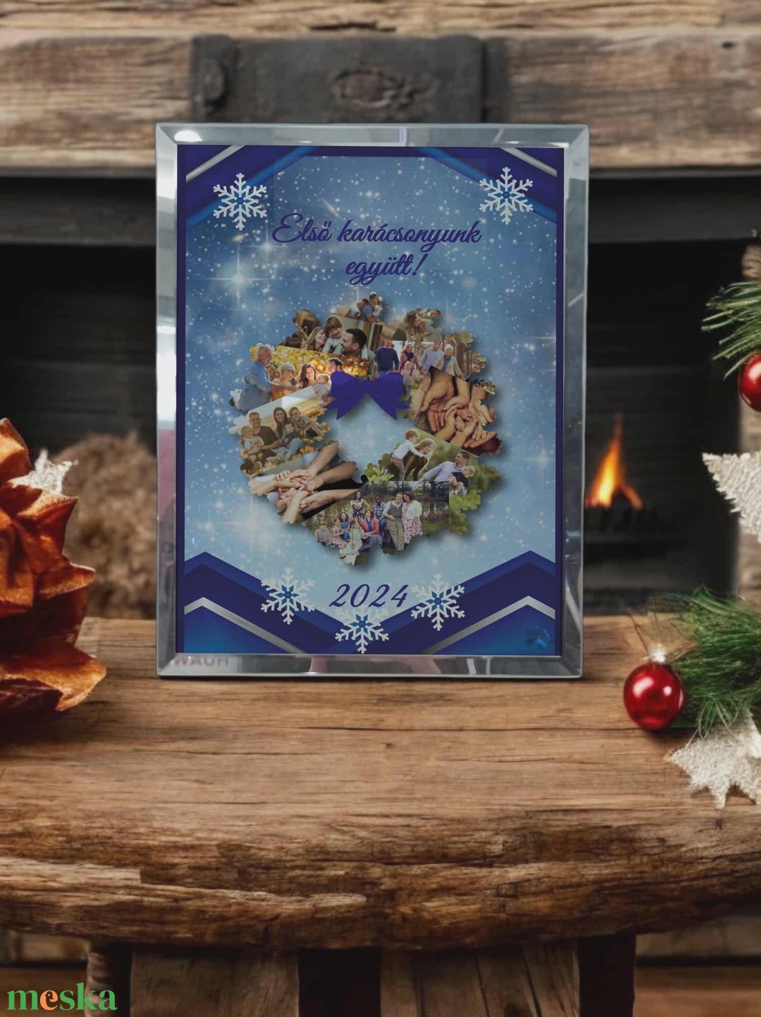 Karácsonyi tükrös szélű fotóüveg - karácsony - karácsonyi lakásdekoráció - ünnepi asztaldekoráció - Meska.hu