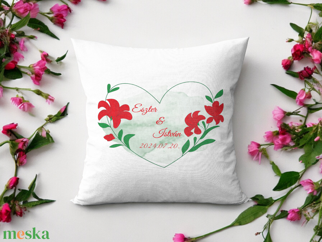  Esküvői párna piros virágos  - otthon & életmód - lakástextil - párna & párnahuzat - Meska.hu