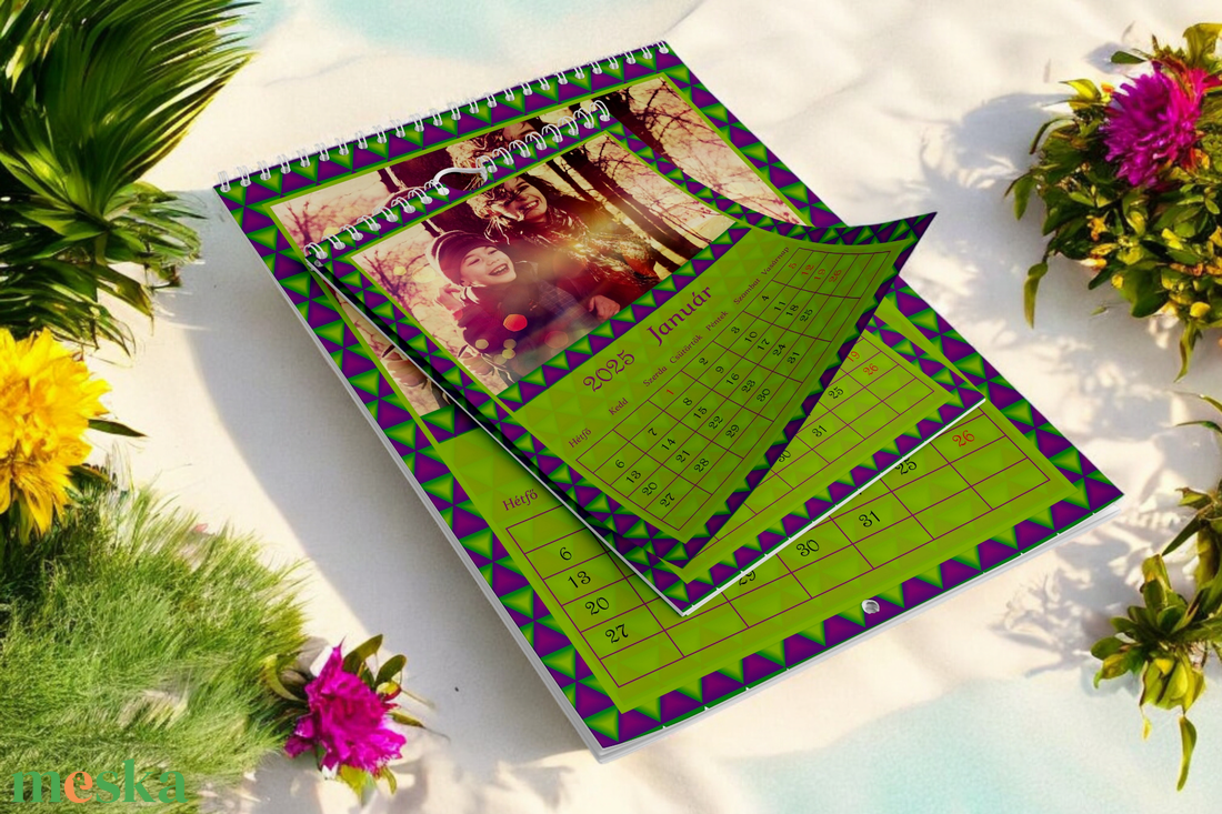 2026-os A4-es falinaptár zöld -lila háromszöges - otthon & életmód - dekoráció - fali és függő dekoráció - falinaptár & öröknaptár - Meska.hu