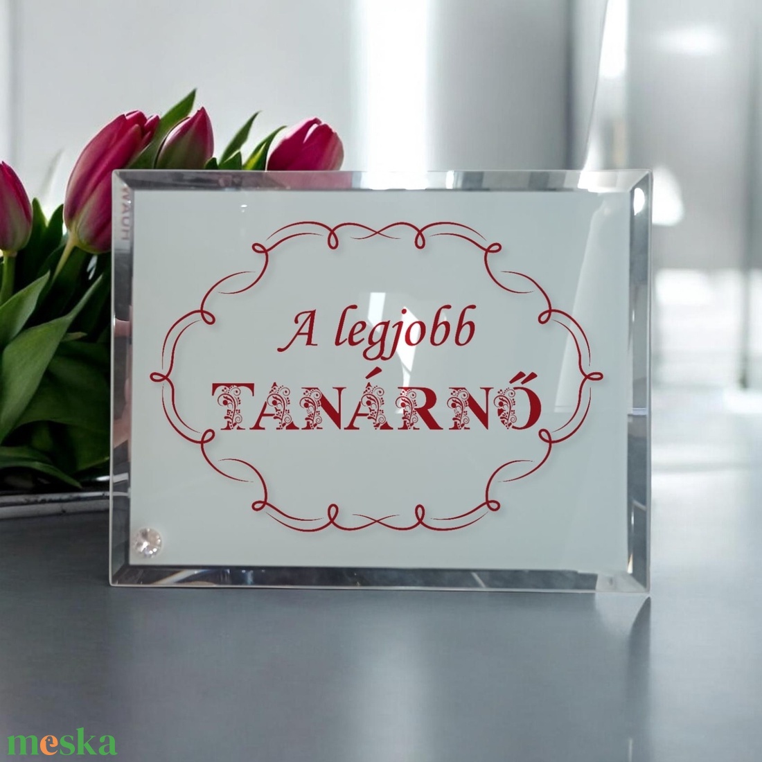 Ballagási fotóüveg egyedi felirattal (A legjobb Tanárnő virágos betűvel)  - otthon & életmód - dekoráció - kép & falikép - üvegkép - Meska.hu
