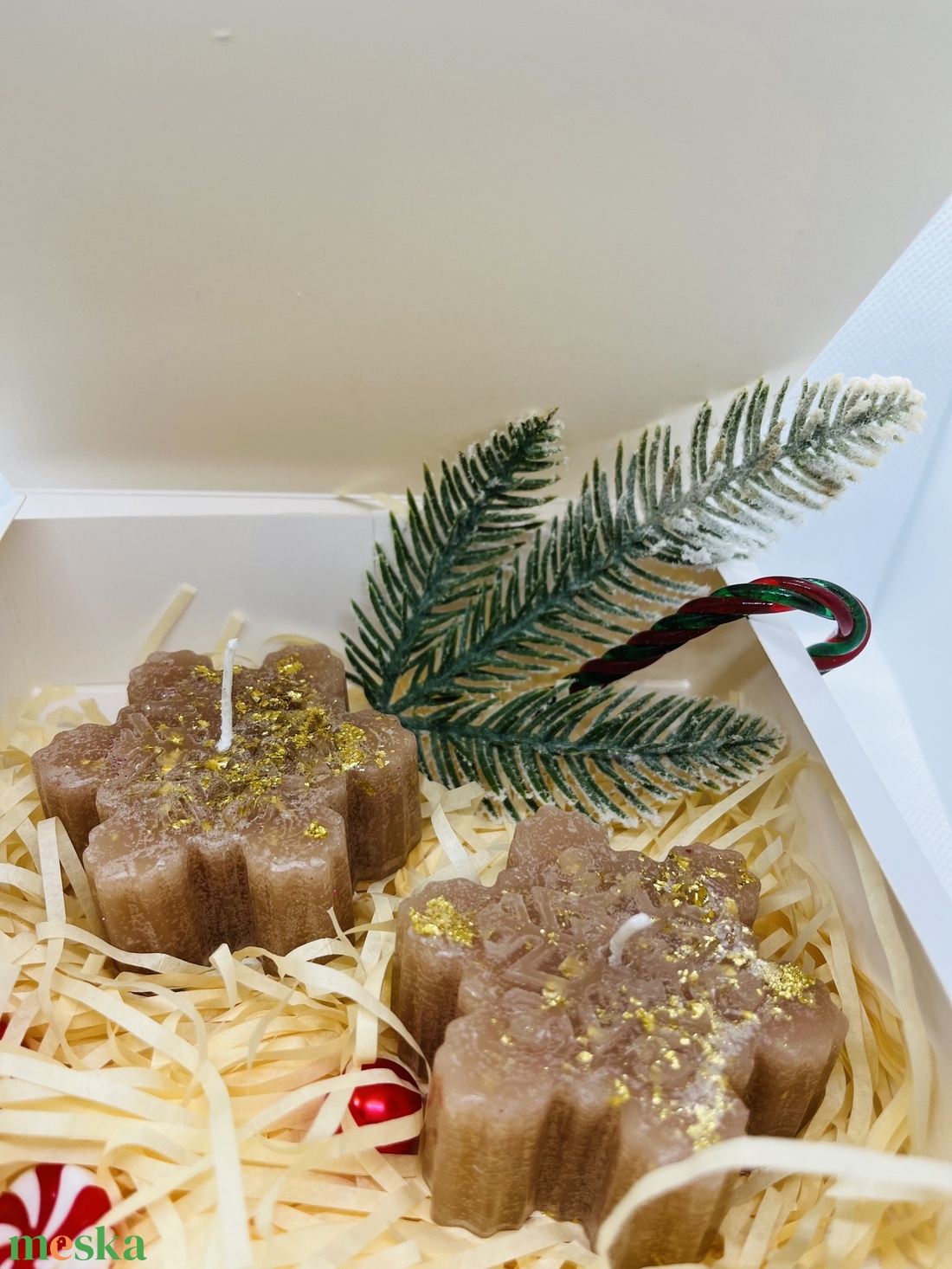 Bézs hópehely gyertya szett Téli elegancia aranyfényben_2 - otthon & életmód - gyertya, illat, aroma - gyertya - Meska.hu