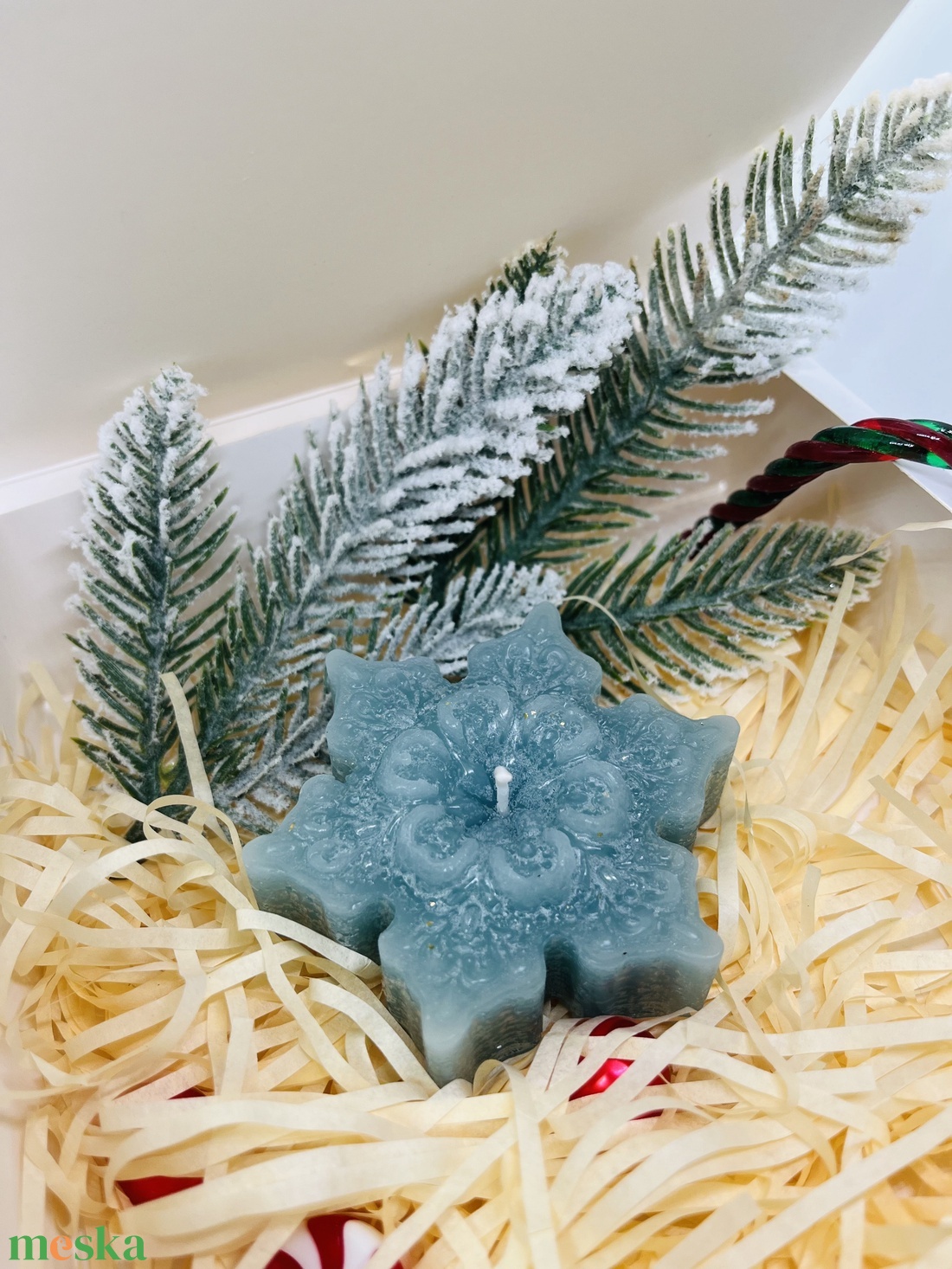 Zöld karácsonyi gyertyaszett  karácsonyfa és hópehely, csillámos díszítéssel - otthon & életmód - gyertya, illat, aroma - gyertya - Meska.hu