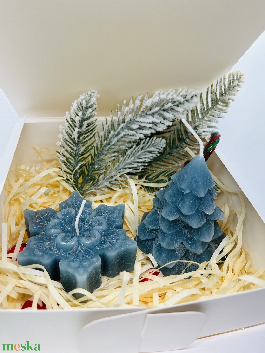 Kék karácsonyi gyertyaszett  karácsonyfa és hópehely, csillámos díszítéssel - otthon & életmód - gyertya, illat, aroma - gyertya - Meska.hu