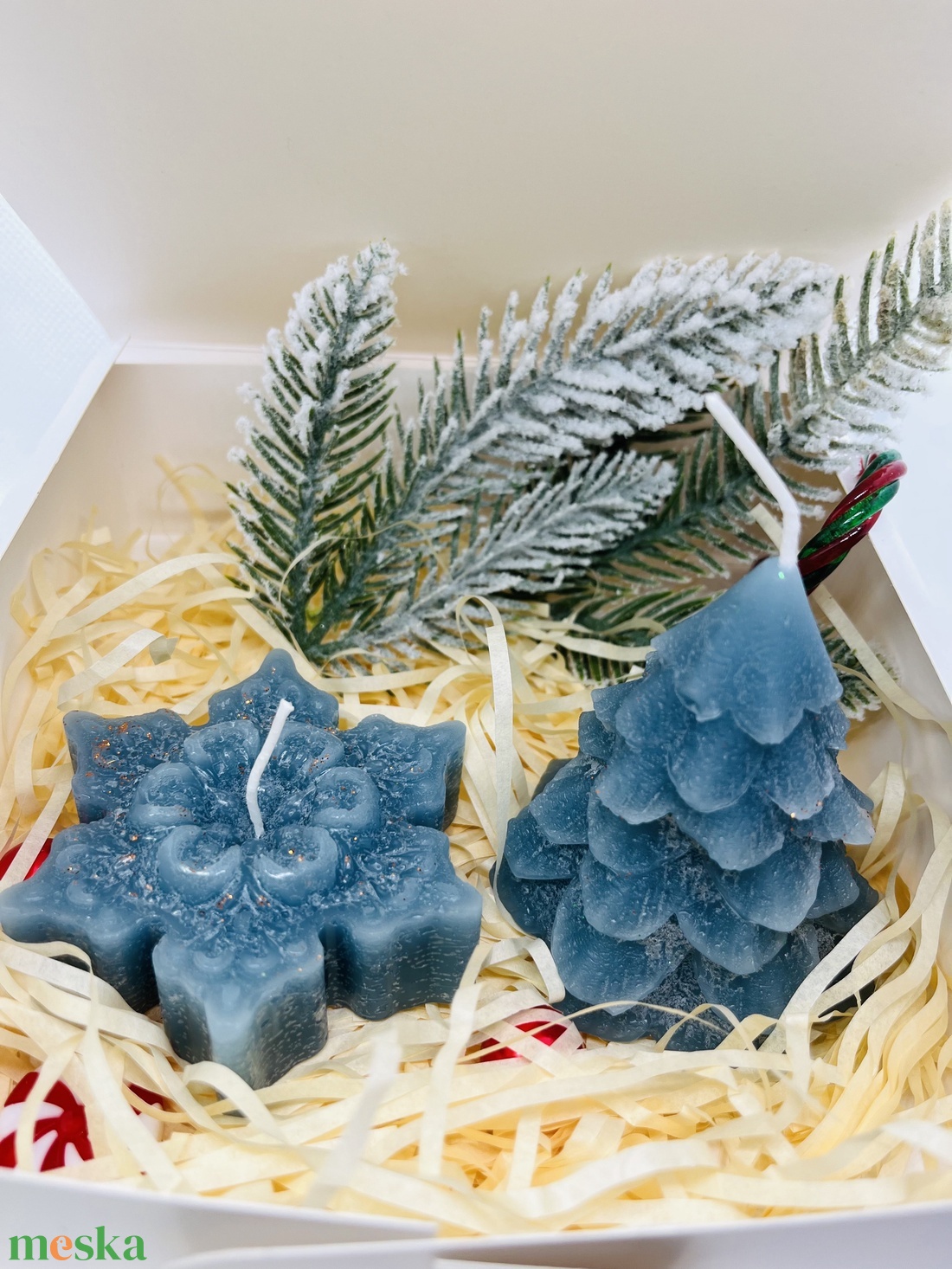 Kék karácsonyi gyertyaszett  karácsonyfa és hópehely, csillámos díszítéssel - otthon & életmód - gyertya, illat, aroma - gyertya - Meska.hu