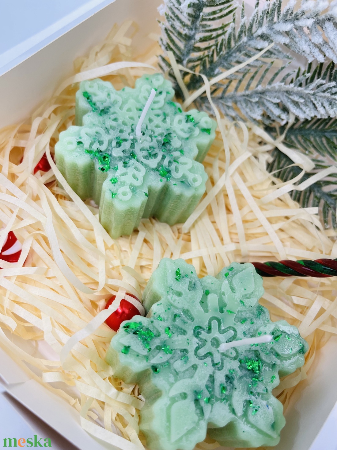 Zöld Hópehely Gyertyaszett  - karácsony - karácsonyi lakásdekoráció - karácsonyi illatgyertya, mécses - Meska.hu