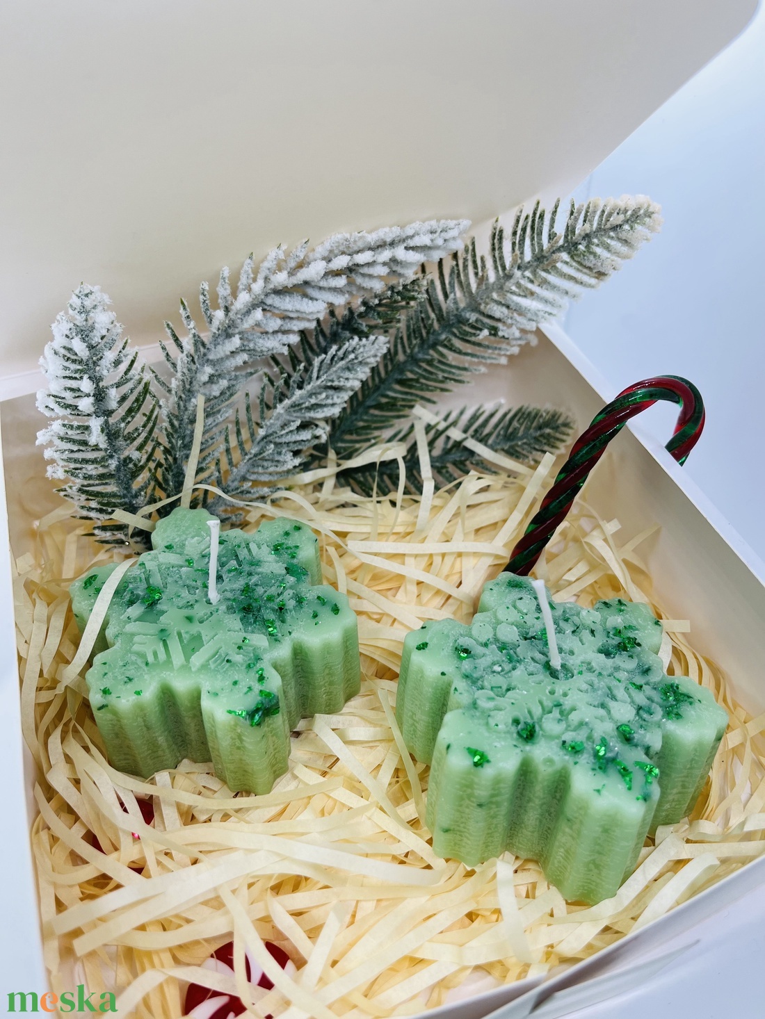Zöld Hópehely Gyertyaszett  - karácsony - karácsonyi lakásdekoráció - karácsonyi illatgyertya, mécses - Meska.hu