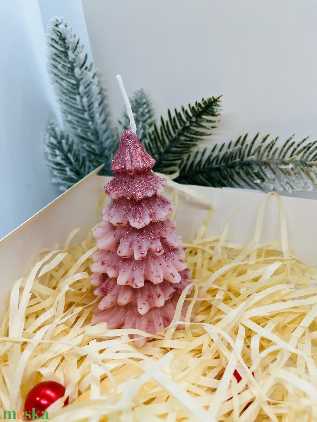 Rózsaszín Csillámos Fenyőfa Gyertyaszett - karácsony - karácsonyi lakásdekoráció - karácsonyi illatgyertya, mécses - Meska.hu
