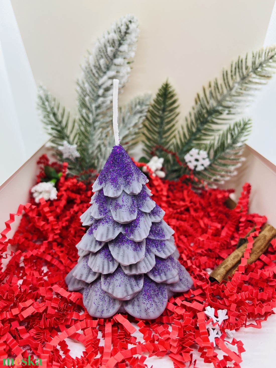 Lila Csillámos Fenyő és Manó Gyertyaszett - karácsony - karácsonyi lakásdekoráció - karácsonyi illatgyertya, mécses - Meska.hu