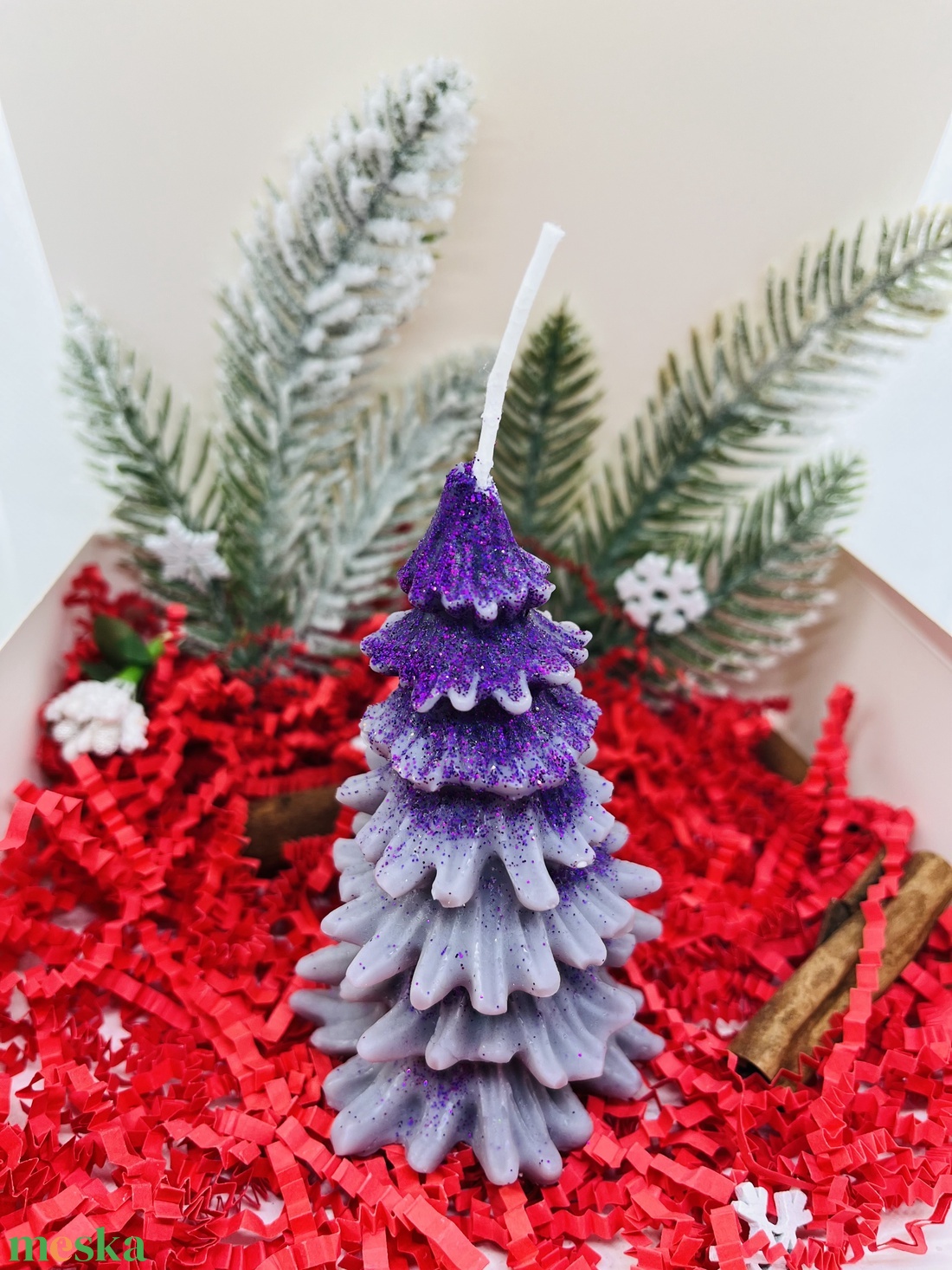 Lila Csillámos Fenyő és Manó Gyertyaszett - karácsony - karácsonyi lakásdekoráció - karácsonyi illatgyertya, mécses - Meska.hu