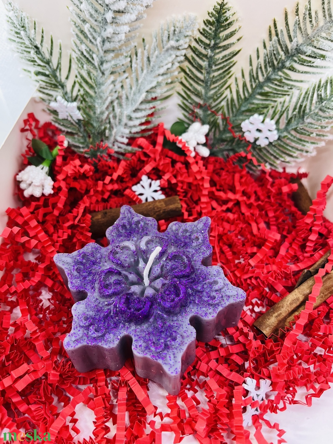 Lila Csillámos Fenyő és Manó Gyertyaszett - karácsony - karácsonyi lakásdekoráció - karácsonyi illatgyertya, mécses - Meska.hu