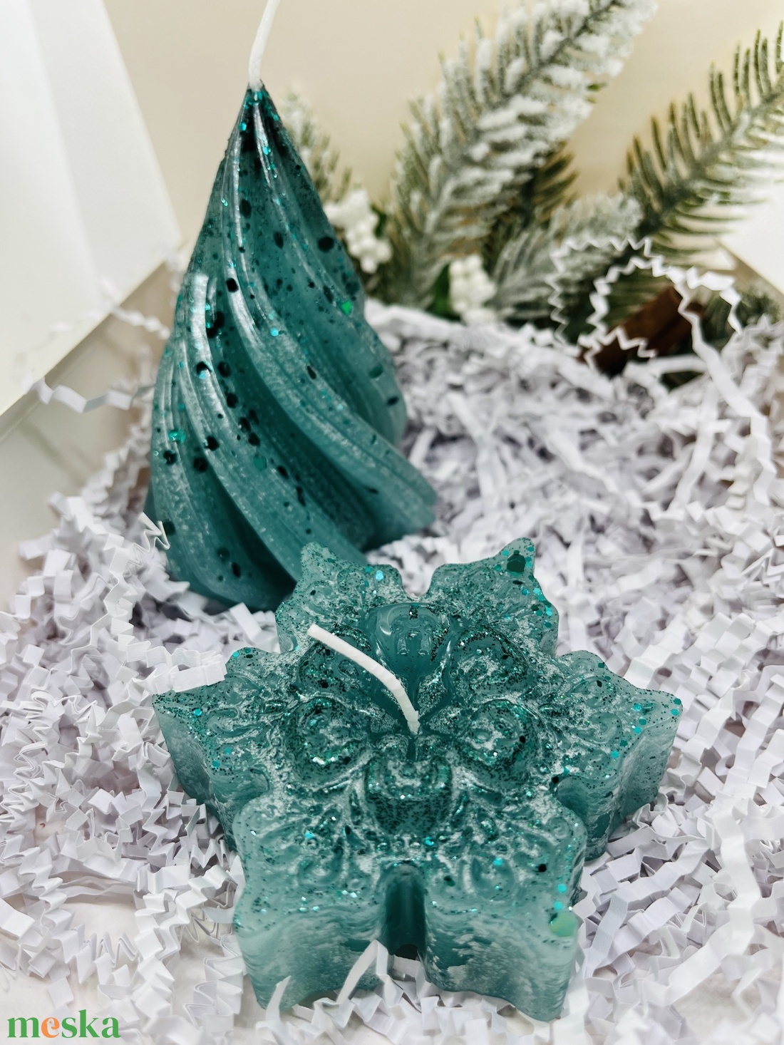 Csillámos Türkiz Téli Gyertyaszett - karácsony - karácsonyi lakásdekoráció - karácsonyi illatgyertya, mécses - Meska.hu