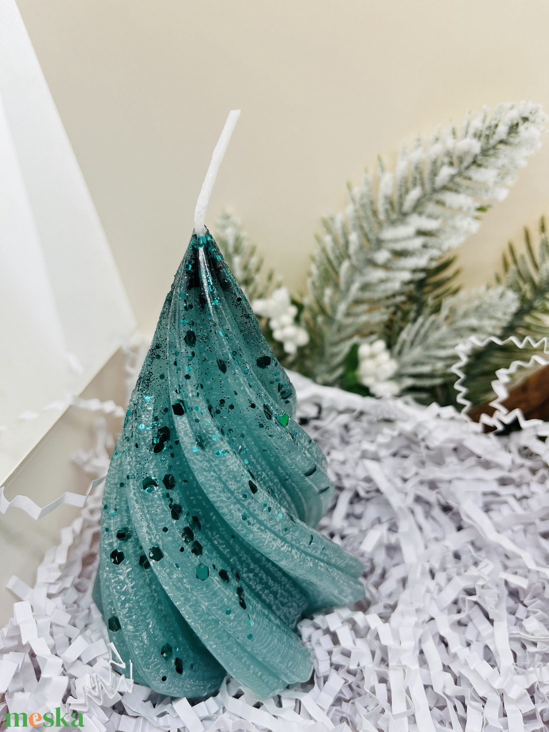 Csillámos Türkiz Téli Gyertyaszett - karácsony - karácsonyi lakásdekoráció - karácsonyi illatgyertya, mécses - Meska.hu