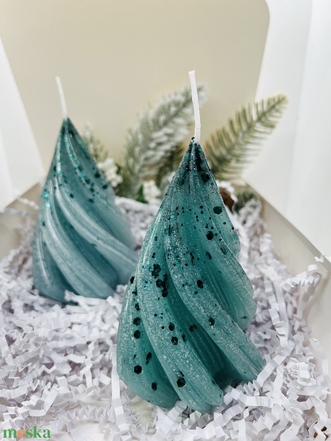 Csillámos Türkiz Téli Gyertyaszett - karácsony - karácsonyi lakásdekoráció - karácsonyi illatgyertya, mécses - Meska.hu