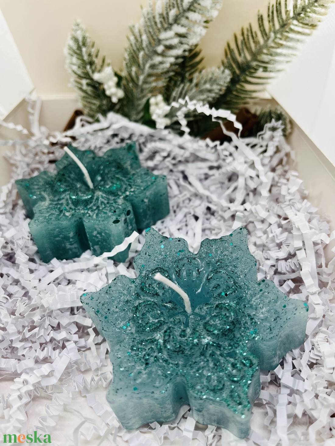 Csillámos Türkiz Téli Gyertyaszett - karácsony - karácsonyi lakásdekoráció - karácsonyi illatgyertya, mécses - Meska.hu