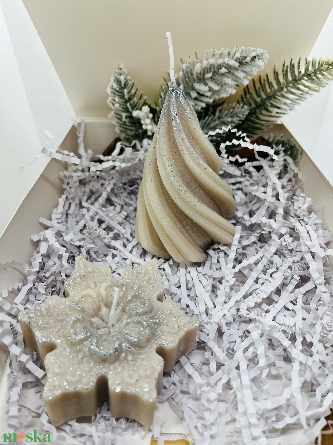 Bézs Ezüst Gyertya Szett - karácsony - karácsonyi lakásdekoráció - karácsonyi illatgyertya, mécses - Meska.hu