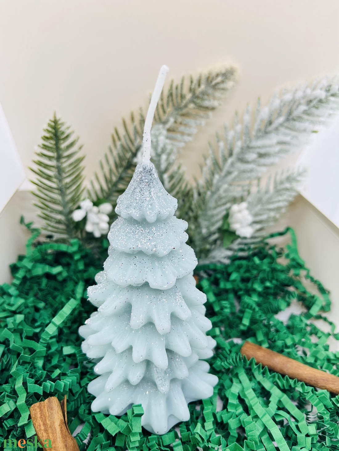 Zöld Ezüst Csillámos Fenyőfa Gyertya Szett  - karácsony - karácsonyi lakásdekoráció - karácsonyi illatgyertya, mécses - Meska.hu