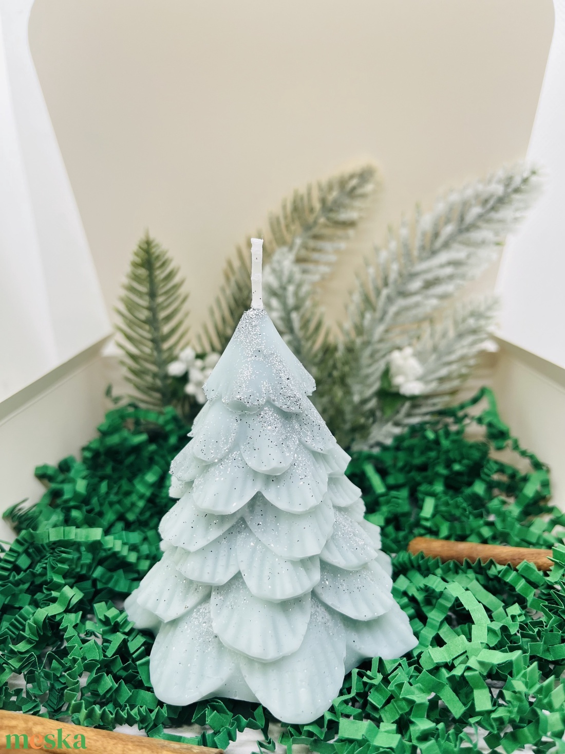 Zöld Ezüst Csillámos Fenyőfa Gyertya Szett  - karácsony - karácsonyi lakásdekoráció - karácsonyi illatgyertya, mécses - Meska.hu