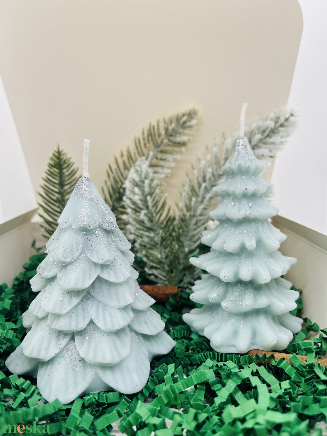 Zöld Ezüst Csillámos Fenyőfa Gyertya Szett  - karácsony - karácsonyi lakásdekoráció - karácsonyi illatgyertya, mécses - Meska.hu
