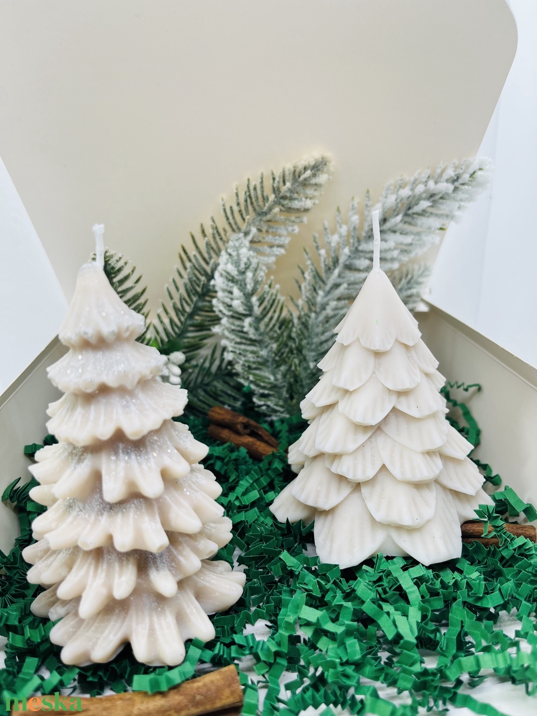 Bézs Csillámos Fenyőfa Gyertya Szett  - karácsony - karácsonyi lakásdekoráció - karácsonyi illatgyertya, mécses - Meska.hu